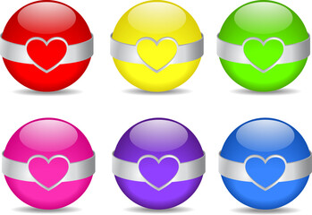 Set of six colored glossy spheres with metal rim with shape of heart