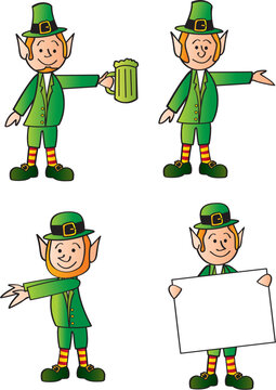 Four cartoon leprechauns in various poses.