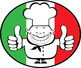 Cartoon smiling chef showing thumbs up on italian flag background. Separate layers