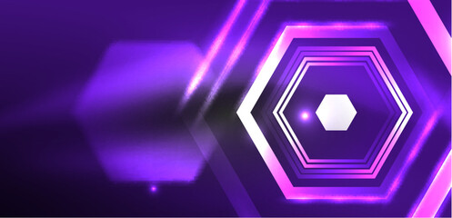 Hexagon abstract background. Techno glowing neon hexagon shapes vector illustration for wallpaper, banner, background, landing page, wall art, invitation, prints, posters