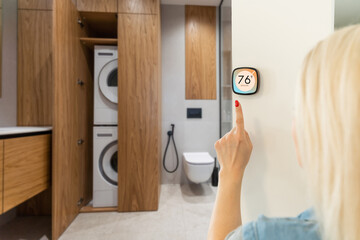 Thermostat indoor smart home in house system for temperature. Winter heating energy efficient...