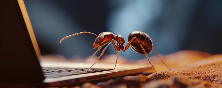 a close up on a hardworking ant with a laptop in a modern way 