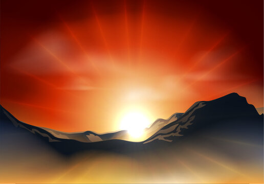 Illustration of landscape with sunrise or sunset over a mountain range