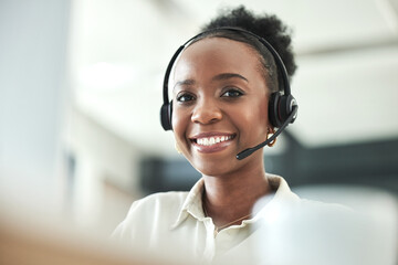 Black woman, call center portrait and phone consultation with a smile in a office with work....