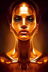 Fantasy fictional painting of a woman in gold color. .(AI-generated fictional illustration)