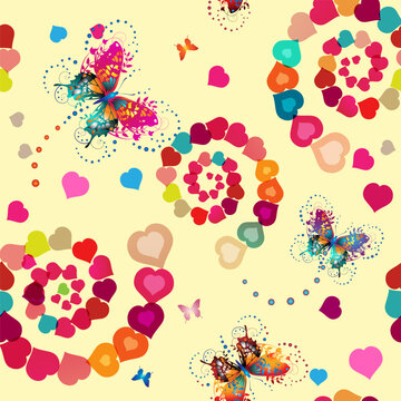 Seamless pattern with hearts and butterflies for Valentine's day