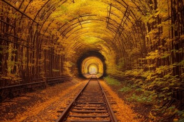 Fototapeta na wymiar Old Golden Autumn Trees Tunnel with old railway. Generative AI