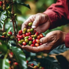 Selective Harvesting Handpicking Red and Green Coffee Beans for Coffee. Generative AI - obrazy, fototapety, plakaty