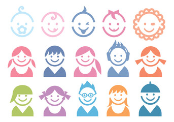 baby and children faces, vector icon set