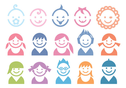 baby and children faces, vector icon set