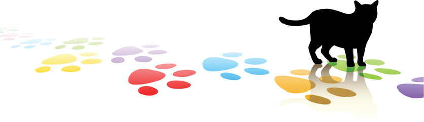 Editable vector illustration of a cat silhouette and colorful paw prints with space for text