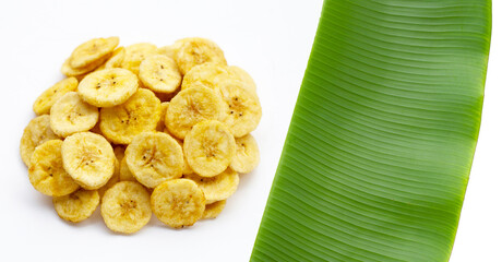 Banana slice chips on white background.