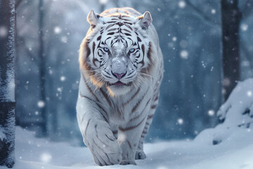 White tiger in the snow. Generative AI - obrazy, fototapety, plakaty