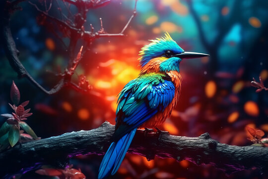 A colorful bird sits on a branch in the forest. Generative AI
