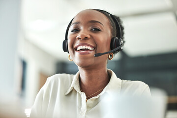Black woman, call center and laugh portrait with a smile in a office with contact us work....