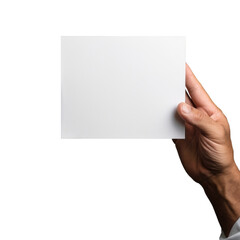 A male hand holding blank paper card, white sheet, isolated on transparent background, generative ai