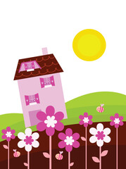 Village house in spring nature. Vector Illustration