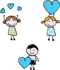 Cute doodle children with valentine's hearts. Vector cartoon Illustration
