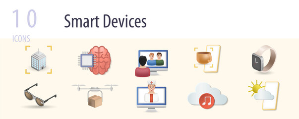 Smart devices set. Creative icons: smart city, artificial intelligence, video streaming, smart coffee maker, smart watch, smart glasses, drone delivery, telemedicine, music streaming, forecast.