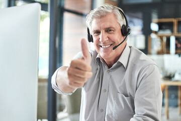 Call center, thumbs up and portrait of senior man in office for thank you, success and good job. Communication, telemarketing and elderly male worker with hand sign for contact, crm service and help