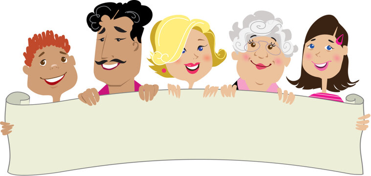 Vector illustration of funny family holding a blank scroll list in their hands