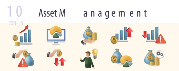 Asset management set. Creative icons: profit, chart, saving, increase cost, risk reduction, investment risk, return of investment, decision, investing data, financial assets.