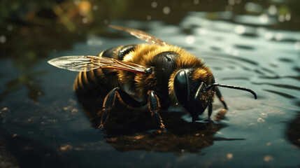 A bee is drinking water in a puddle.generative ai