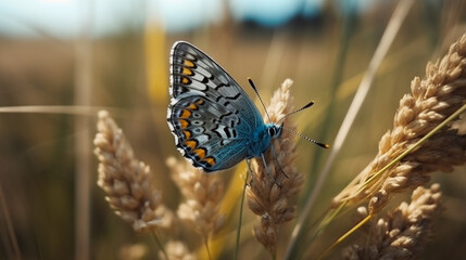 Obraz premium A blue butterfly is flying over a wheat field..generative ai