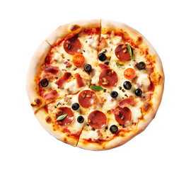 Pizza isolated on transparent background. Italian pizza. Top view. PNG format