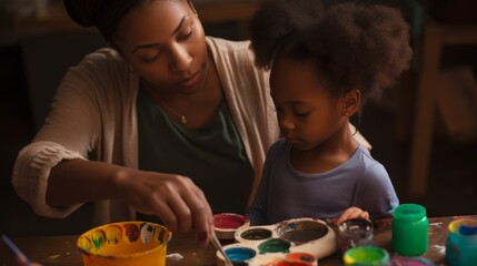 A mother and her child participating in a creative, art-focused activity together, painting, as a special Mother's Day bonding experience AI generated - obrazy, fototapety, plakaty
