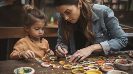 A mother and her child participating in a creative, art-focused activity together, painting, as a special Mother's Day bonding experience AI generated