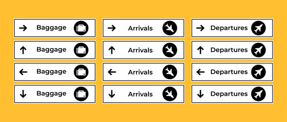 Vector airport signs departure arrival travel icon. board airline sign, baggage flight information with arrow isolated labels