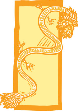 Woodcut style image of a Chinese dragon for the new year.