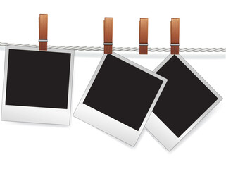 Photo snapshot frames on rope for scrap. Polaroid blank for picture of family album. Element for design.