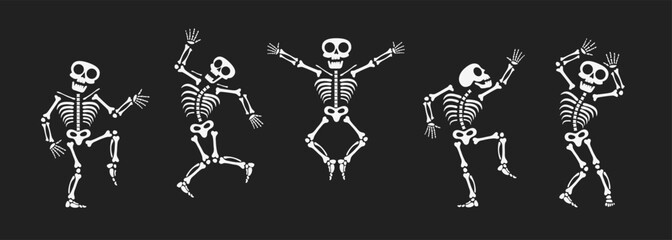 Skeletons dancing with different positions flat style design vector illustration set. Funny dancing Halloween or Day of the dead skeletons collection. Creepy, scary human bones characters silhouettes. - obrazy, fototapety, plakaty
