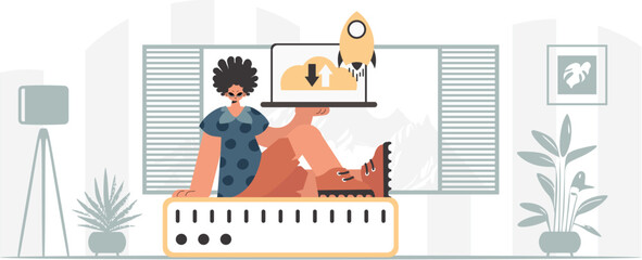 Synchronization and security of information capacity concept. The boy is holding a information cloud and a server. Trendy style, Vector Illustration