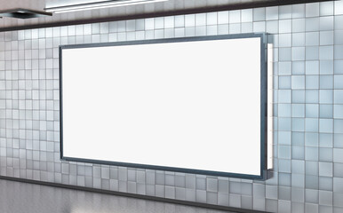 Panoramic 2:1 billboard on underground subway wall Mockup. Hoarding advertising on train station 3D rendering