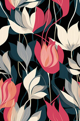 A black and white styled floral pattern, reminiscent of featuring shades of magenta and beige. It exudes a cottagecore aesthetic with bold color choices, vibrant hues, ，generated by Ai