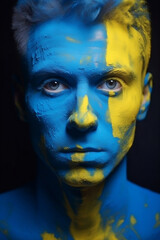 The skin of the man's face is painted in yellow-blue colors