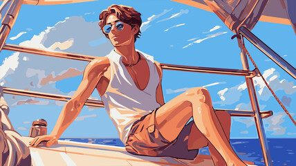 Handsome boy enjoying a trip on a yacht in the sea. Generative AI technology.