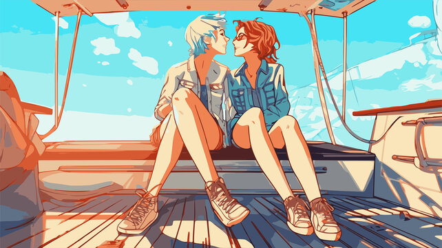 Two LGBTQ girls in love enjoying a trip on a yacht in the sea. Generative AI technology.