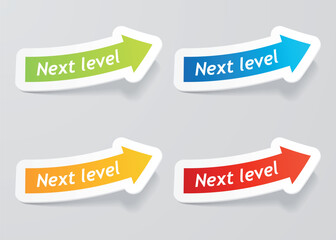 Vector next level message on arrow stickers set. Vector illustration.