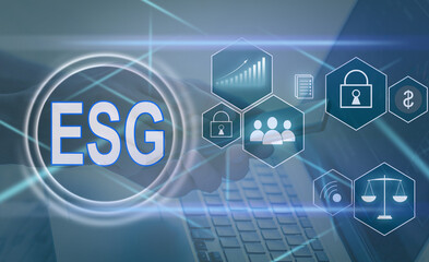 ESG environmental social governance investment business concept. analyze ESG data. icons pop up on virtual screen in business sustainability investment strategy concept