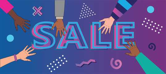 Hands reaching the text "Sale", banner desing, 1980s background with geometric shapes, 