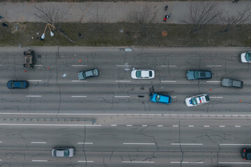 Strong accident in the city. Top view of traffic jam. Traffic accidents on the road. The light...