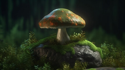 A mushroom with a mushroom on it's head is surrounded by plants.generative ai