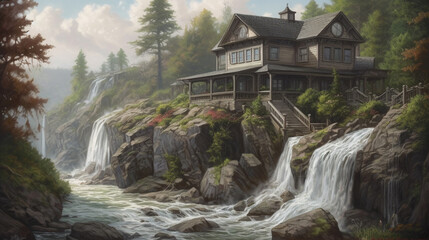 A painting of a house with a waterfall in the background.generative ai