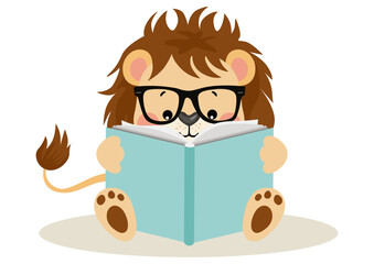 Cute lion sitting reading a book