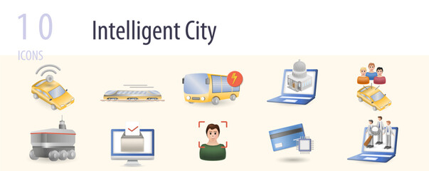 Intelligent city set. Creative icons: smart car, online government, car sharing, rover food delivery, online voting, face recognition, smart card, digital citizens.