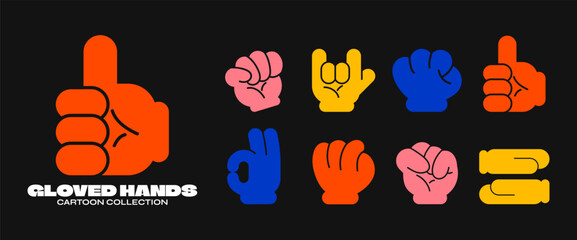 Cartoon gloved hand drawn abstract comic. Set of hand signs and symbols. Stickers in retro style. Vector illustration